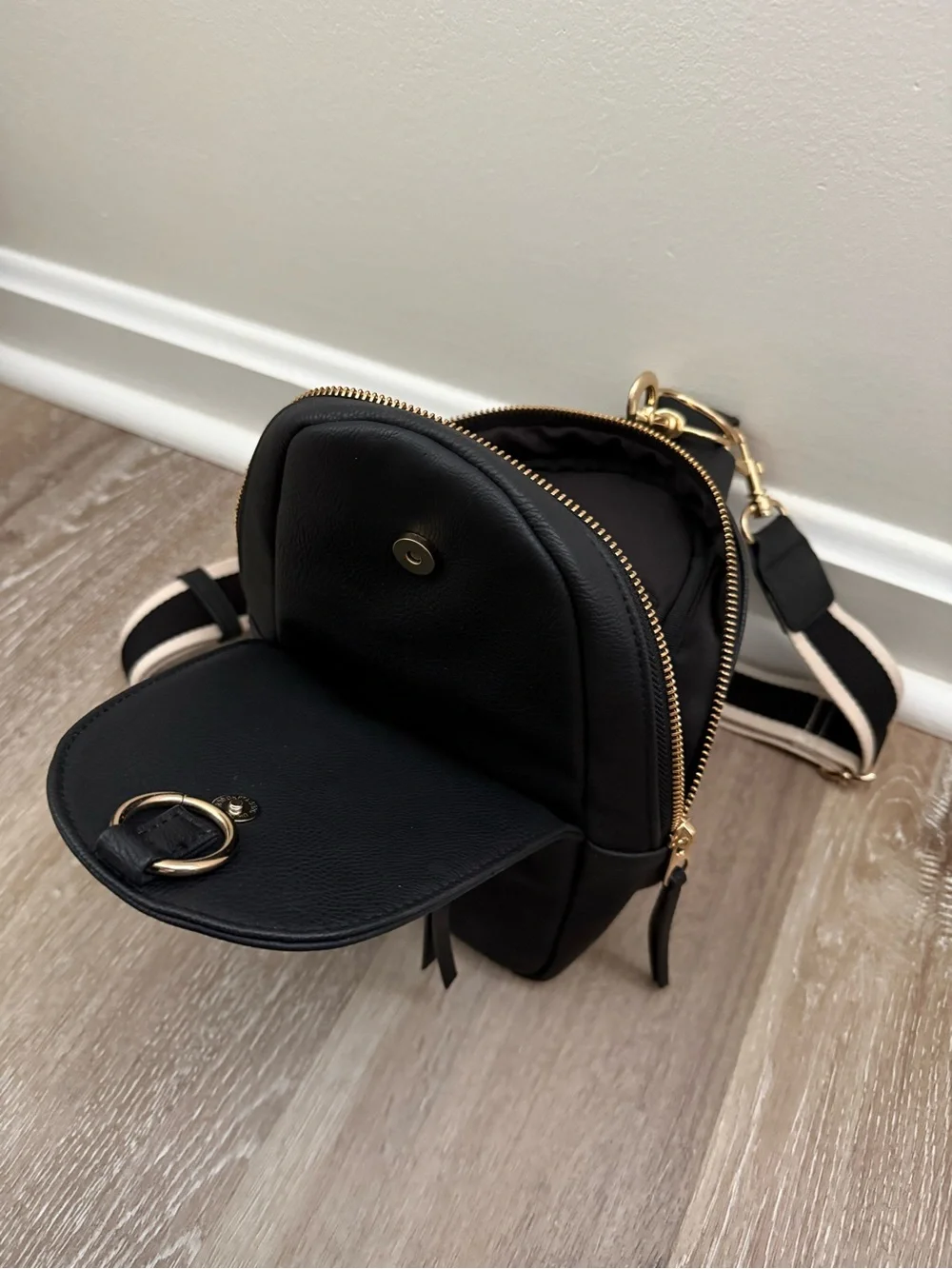 Universal Thread Black Cross Body Bag with Gold Hardware and Striped Strap